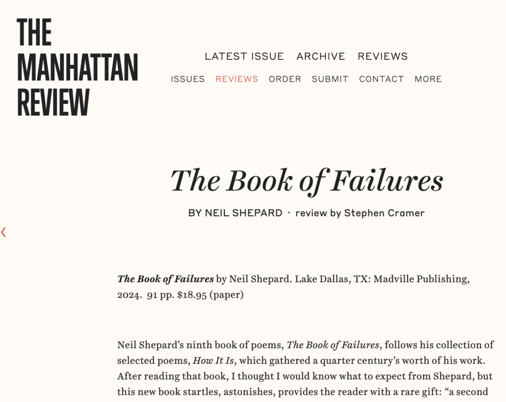 Screencapture of the opening lines of a review that appeared in the Manhattan Review of THE BOOK OF FAILURES